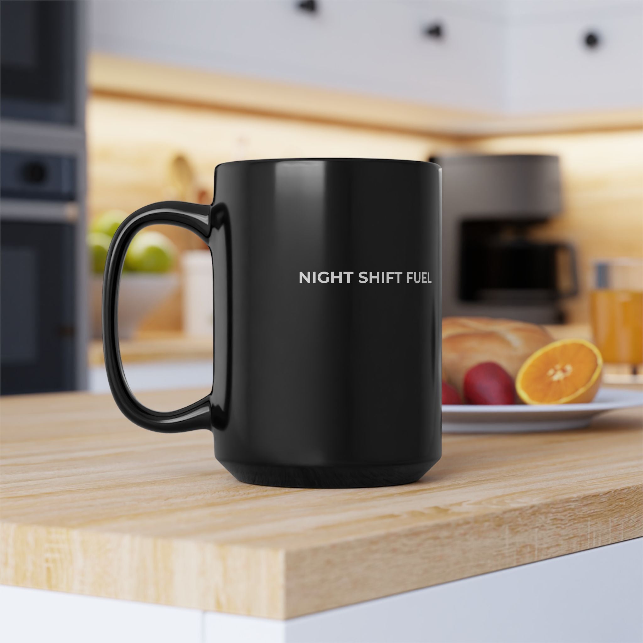 NIGHT SHIFT FUEL: Black Ceramic Mug Coffee Cup (11oz, 15oz)